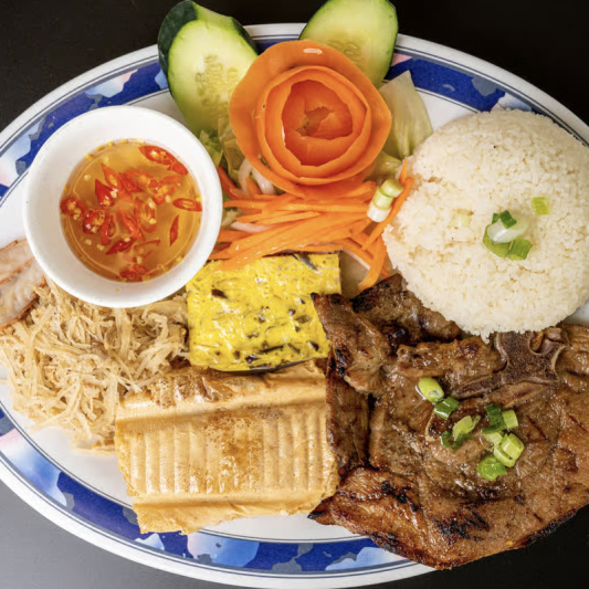 C21. Grilled Pork Chop, Shredded Pork Skin, Egg Cake, Fried Shrimp Cake