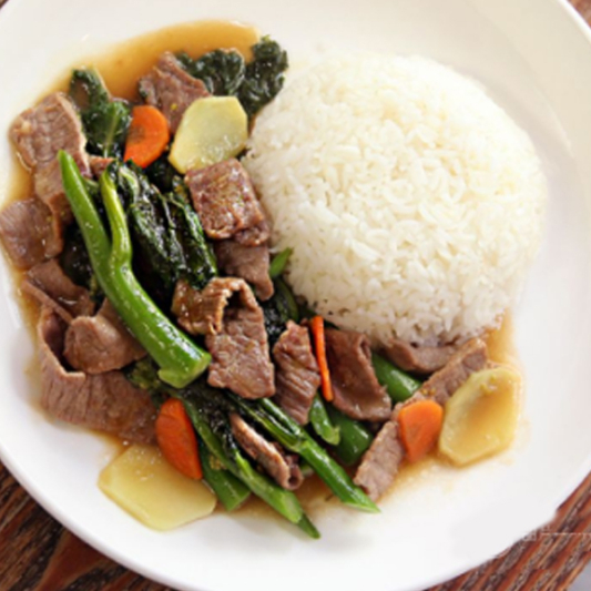 Beef with Chinese Broccoli on Rice