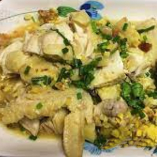 Chicken with Special Ginger, Red Onion Sauce on Rice