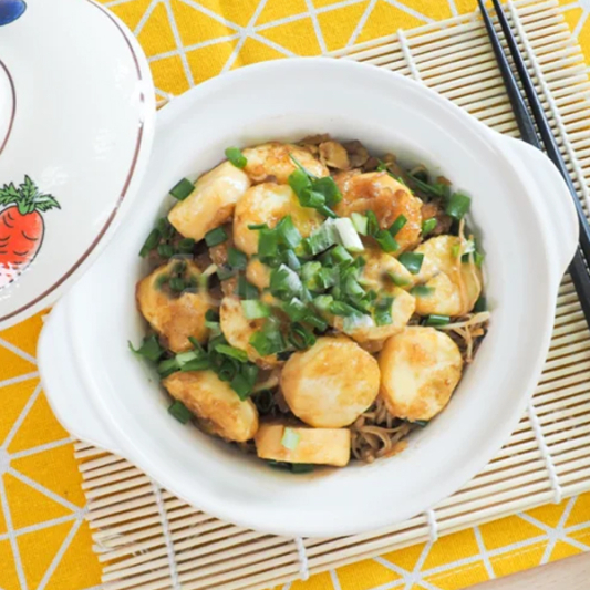 Braised Egg Tofu with Dry Scallop & Golden Mushrooms / 瑤柱金菇玉子豆腐 