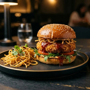 Desi Crunch Aloo Noodle Burger