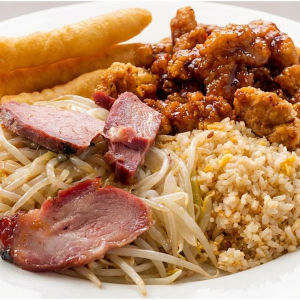9. Fried Shrimp (3 pcs), Orange Chicken, Pork Fried Rice & Pork Chow Mein
