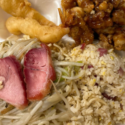 4. Orange Chicken, Pork Chow Mein, Pork Fried Rice & Fried Shrimp (2 pcs)