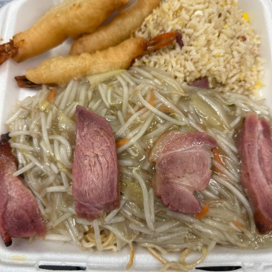 1. Pork Chow Mein, Pork Fried Rice & Fried Shrimp (3 pcs)
