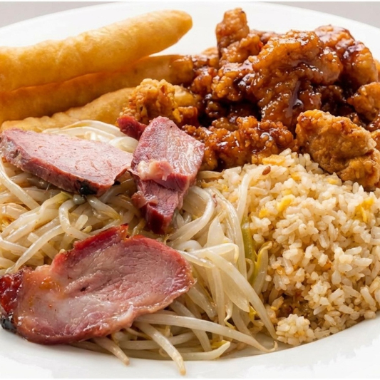 9. Fried Shrimp (3 pcs), Orange Chicken, Pork Fried Rice & Pork Chow Mein