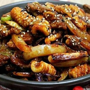 Stir Fried Squid + Pork Belly Bulgogi  오삼불고기 