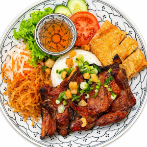 Grilled Pork Chop, Shredded Pork Skin, Bean Curd Wrapped Shrimp / Sườn Nướng, B&igrave;, T&agrave;u Hủ Ky
