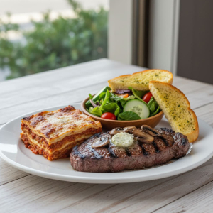 New York Steak (8 oz) and Lasagna