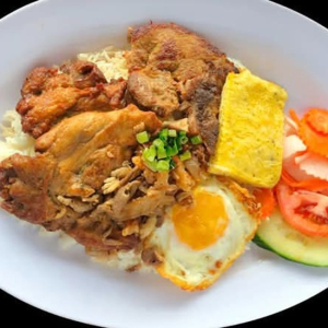 527. Chicken, Pork Chop, Shredded Pork Skin, Steamed Crab Meat Loaf, and Fried Egg on Steamed Rice - Ga, Suon, Bi, Cha CUA, and Trung Chien