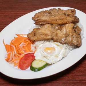 520. Pork Chop, Chicken, and Fried Egg on Steamed Rice - Com Suon, Ga, and Trung Chien