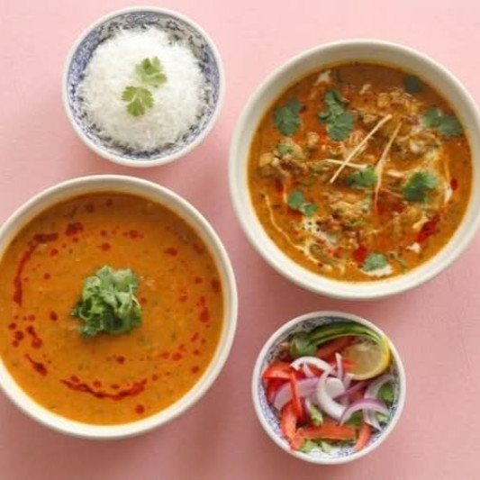 Dal Tadka, Homestyle Chicken Curry, and Full Portion of Basmati Rice