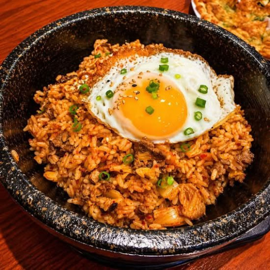 R. Stir-Fried Rice with Beef and Kimchi on Hot Stone Pot