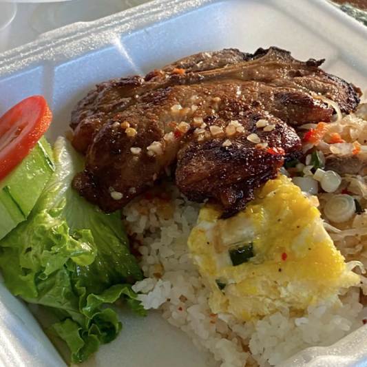 Shredded Pork, Pork Chop, and Baked Egg with Steamed Rice Plate