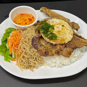 Grilled Pork Chop, Shredded Pork & Egg over Rice 肉扒豬皮煎蛋飯