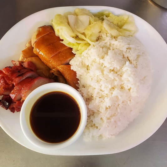 BBQ Pork (Cha Siu) & Free-Range Soy Chicken over Rice 叉燒黃毛油雞飯