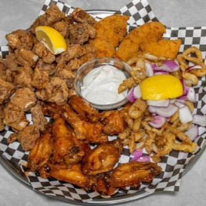 Dry Ribs, Chicken Fingers (3 pcs), Calamari, & Chicken Wings (8 pcs) Platter
