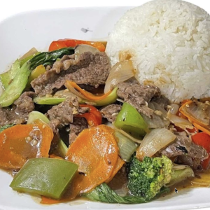 R9. Beef & Veggies Stir-Fry in Black Bean Sauce with Steamed Rice
