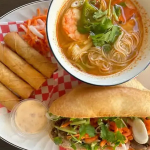 42. Egg Rolls + Soup + Small Banh Mi Combo
