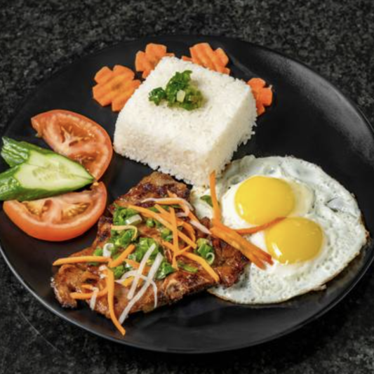 37. Charbroiled Pork Chop & 2 Eggs on Rice / Cơm Sườn 2 Trứng