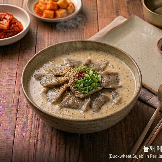 Hand-Pulled Buckwheat Dough in Perilla Seed Soup / 들깨 메밀 수제비