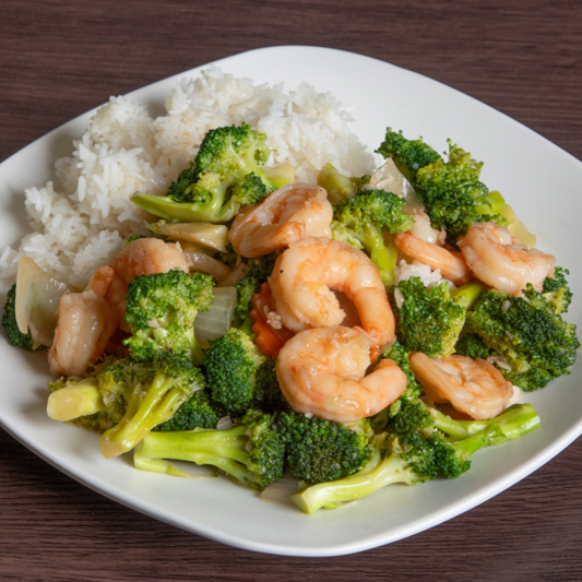 27. Stir-Fried Shrimp & Broccoli / Cơm T&ocirc;m X&agrave;o B&ocirc;ng Cải