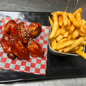 Korean Spicy Chicken Wings and Fries